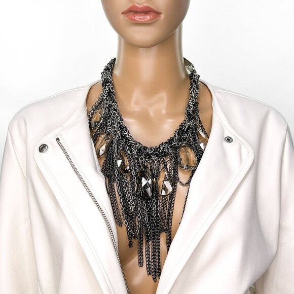 Statement Layered Necklace Chunky Metal Chains & Crystal Dangles Fringe - Picture 1 of 10